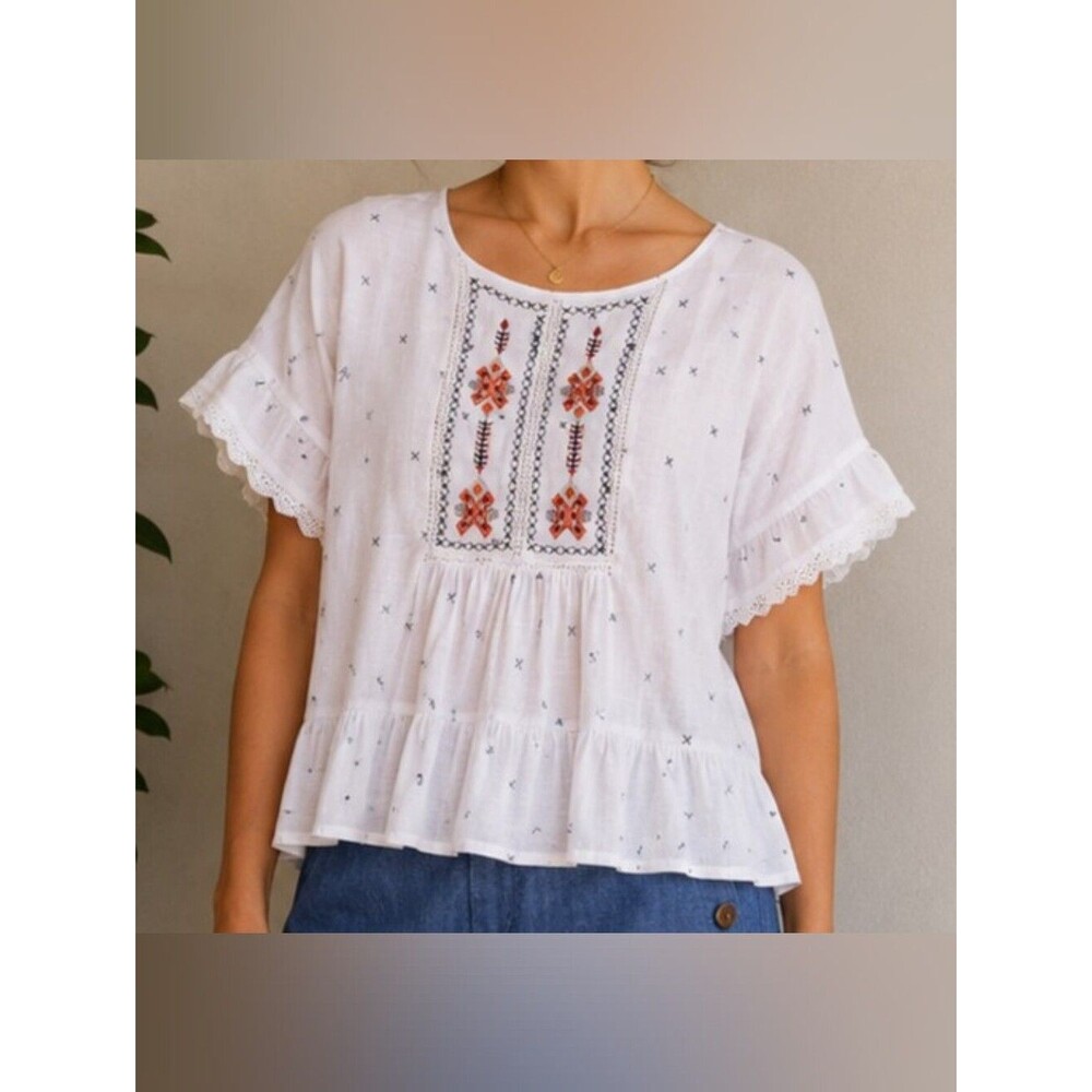Hannah Plus Size 1X White Embroidered Boho Cottagecore Top